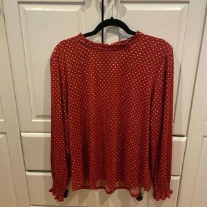 Adrianna Papell Red/Whit Polka Dot Long Sleeve Shirt Top Blouse